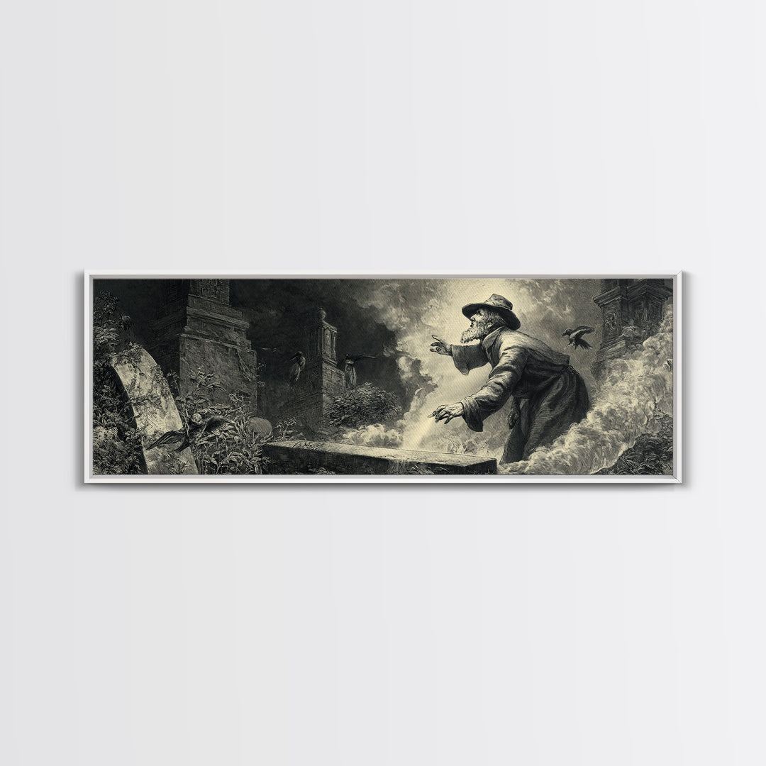The Lantern Gravedigger, Gothic Engraving Art, Extra Wide Wall Art, Dark Fantasy Wall Art, Canvas Print, Halloween Wall Art