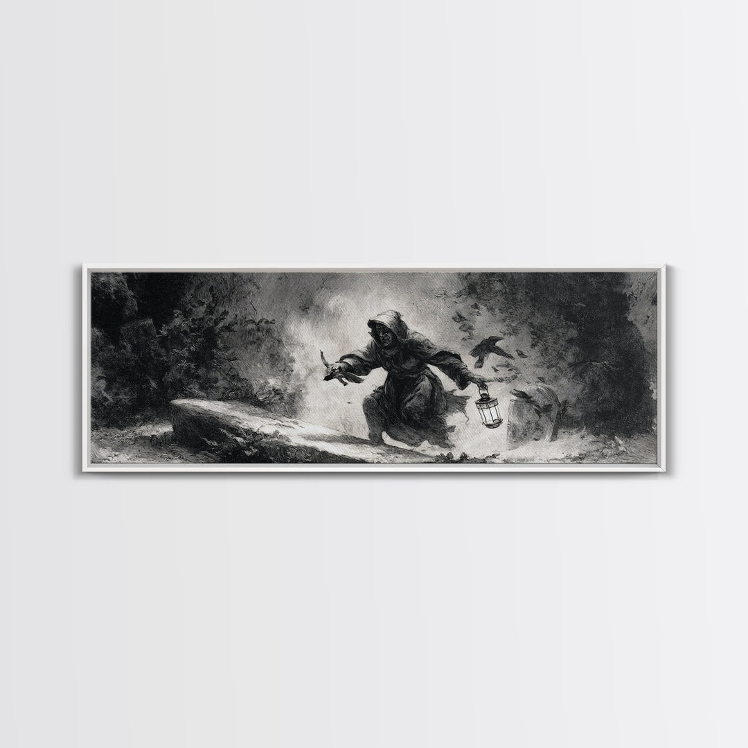 The Lantern Gravedigger, Dark Romantic Horror Art, Extra Wide Wall Art, Dark Fantasy Wall Art, Framed Canvas Print, Halloween Wall Art