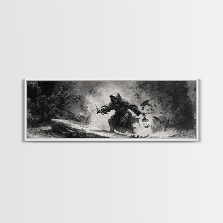 The Lantern Gravedigger, Dark Romantic Horror Art, Extra Wide Wall Art, Dark Fantasy Wall Art, Framed Canvas Print, Halloween Wall Art