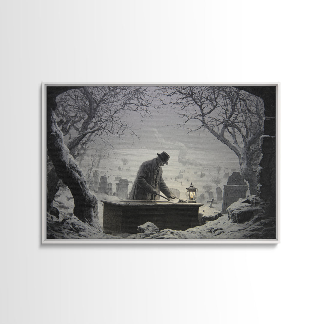 The Lantern Gravedigger, Romantic Gothic Landscape, Landscape Wall Art, Macabre Wall Art, Canvas Print, Halloween Wall Art