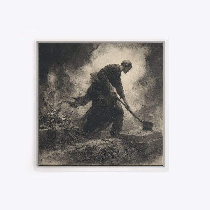 The Lantern Gravedigger, Symbolist Dream Art, Square Wall Art, Macabre Wall Art, Canvas Print, Halloween Wall Art, Seasonal Home Decor