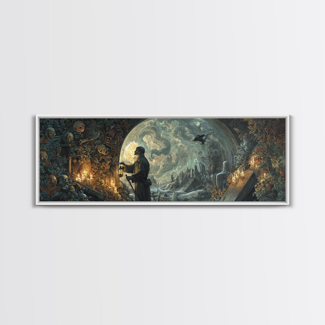 The Lantern Gravedigger, Ornate Symbolist Art, Extra Wide Wall Art, Gothic Horror Wall Art, Framed Canvas Print, Halloween Wall Art