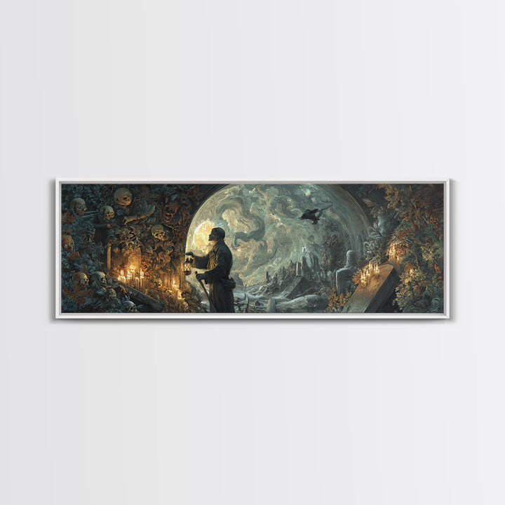 The Lantern Gravedigger, Ornate Symbolist Art, Extra Wide Wall Art, Gothic Horror Wall Art, Framed Canvas Print, Halloween Wall Art
