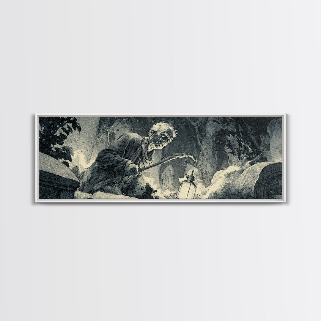 The Lantern Gravedigger, Decadent Gothic Art, Extra Wide Wall Art, Dark Halloween Decor, Framed Canvas Print, Halloween Wall Art