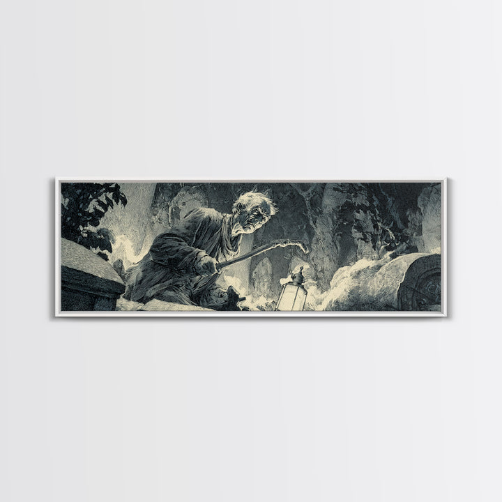 The Lantern Gravedigger, Decadent Gothic Art, Extra Wide Wall Art, Dark Halloween Decor, Framed Canvas Print, Halloween Wall Art