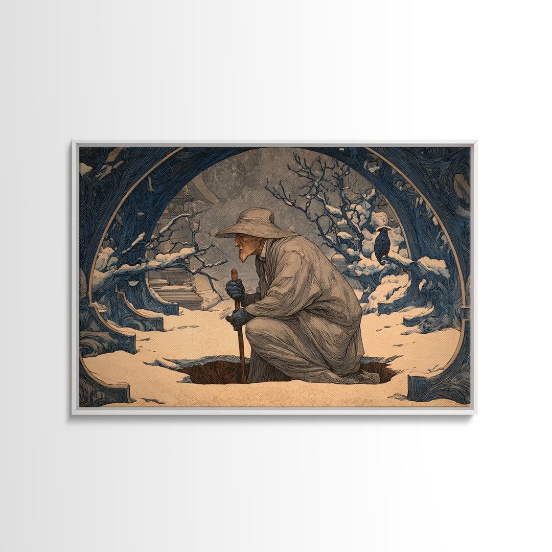The Lantern Gravedigger, Symbolist Death Art, Landscape Wall Art, Dark Fantasy Wall Art, Canvas Print, Halloween Wall Art
