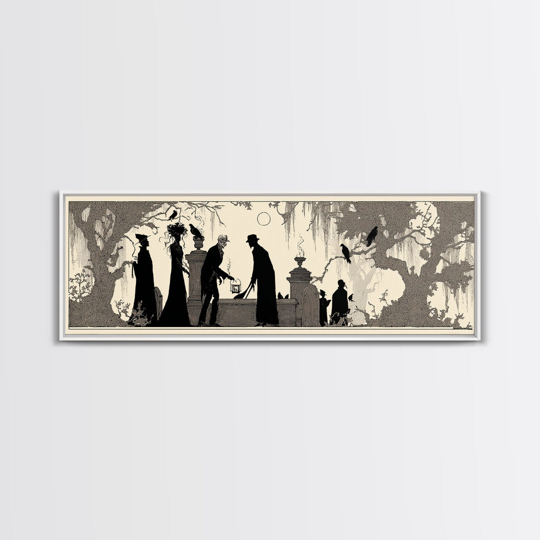 The Lantern Gravedigger, Decadent Line Art, Extra Wide Wall Art, Macabre Wall Art, Canvas Print, Halloween Wall Art