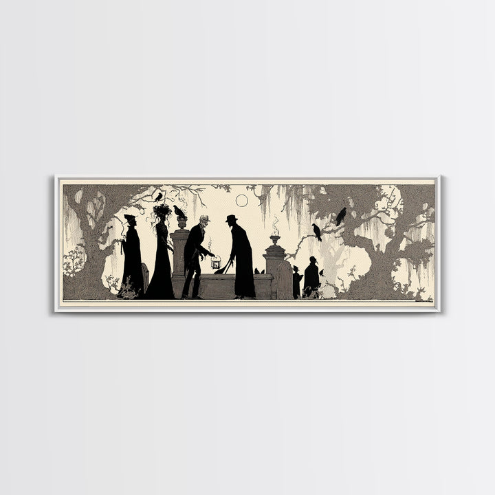 The Lantern Gravedigger, Decadent Line Art, Extra Wide Wall Art, Macabre Wall Art, Canvas Print, Halloween Wall Art