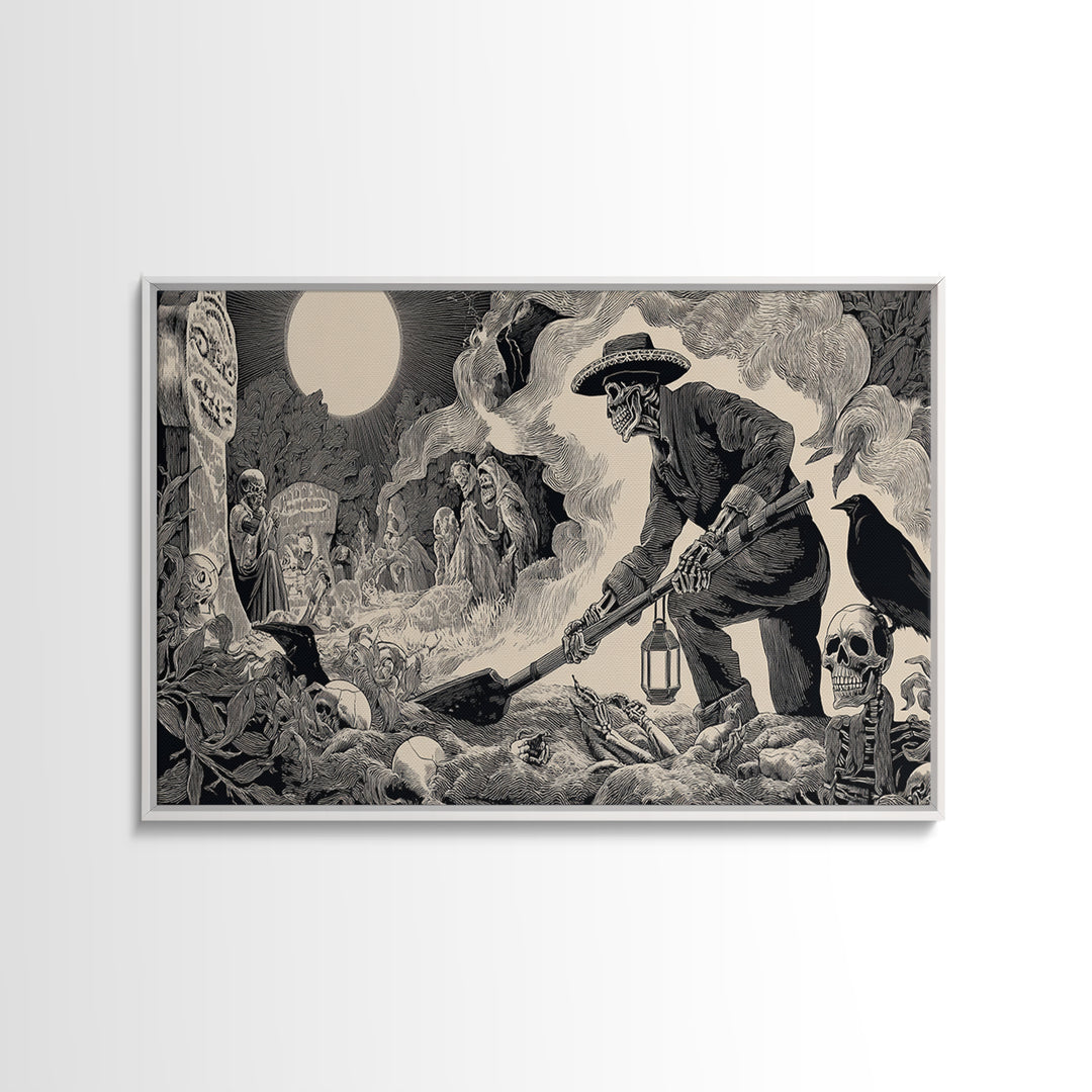 The Lantern Gravedigger, Macabre Folk Print Art, Wide Panoramic Art, Macabre Wall Art, Canvas Print, Halloween Wall Art