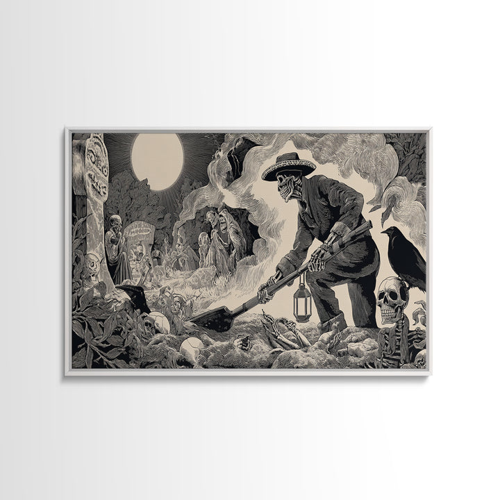 The Lantern Gravedigger, Macabre Folk Print Art, Wide Panoramic Art, Macabre Wall Art, Canvas Print, Halloween Wall Art