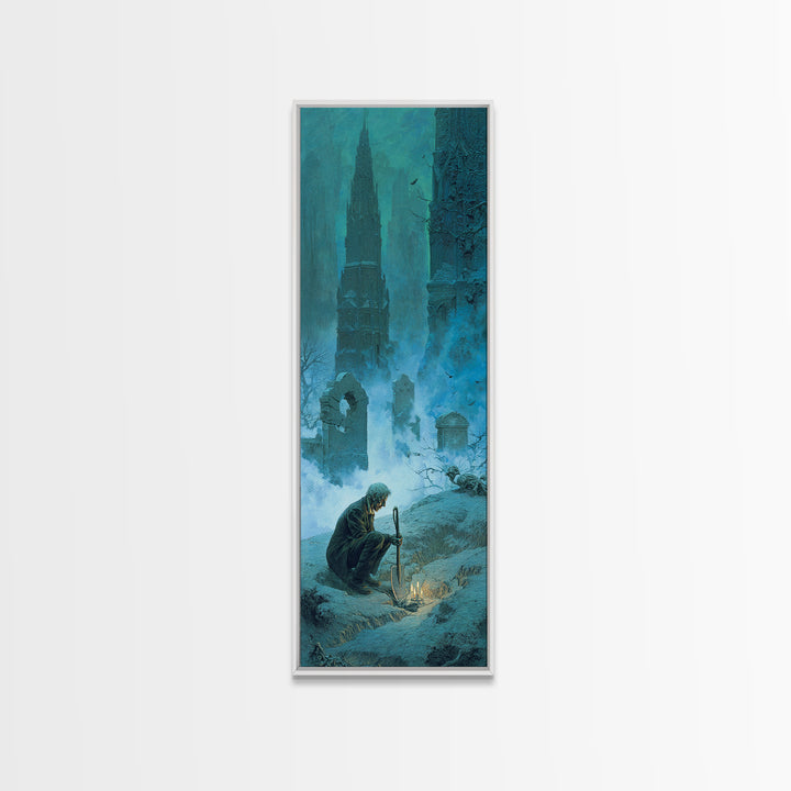 The Lantern Gravedigger, Surreal Apocalyptic Art, Tall Narrow Wall Art, Dark Halloween Decor, Framed Canvas Print, Dark Fantasy Art