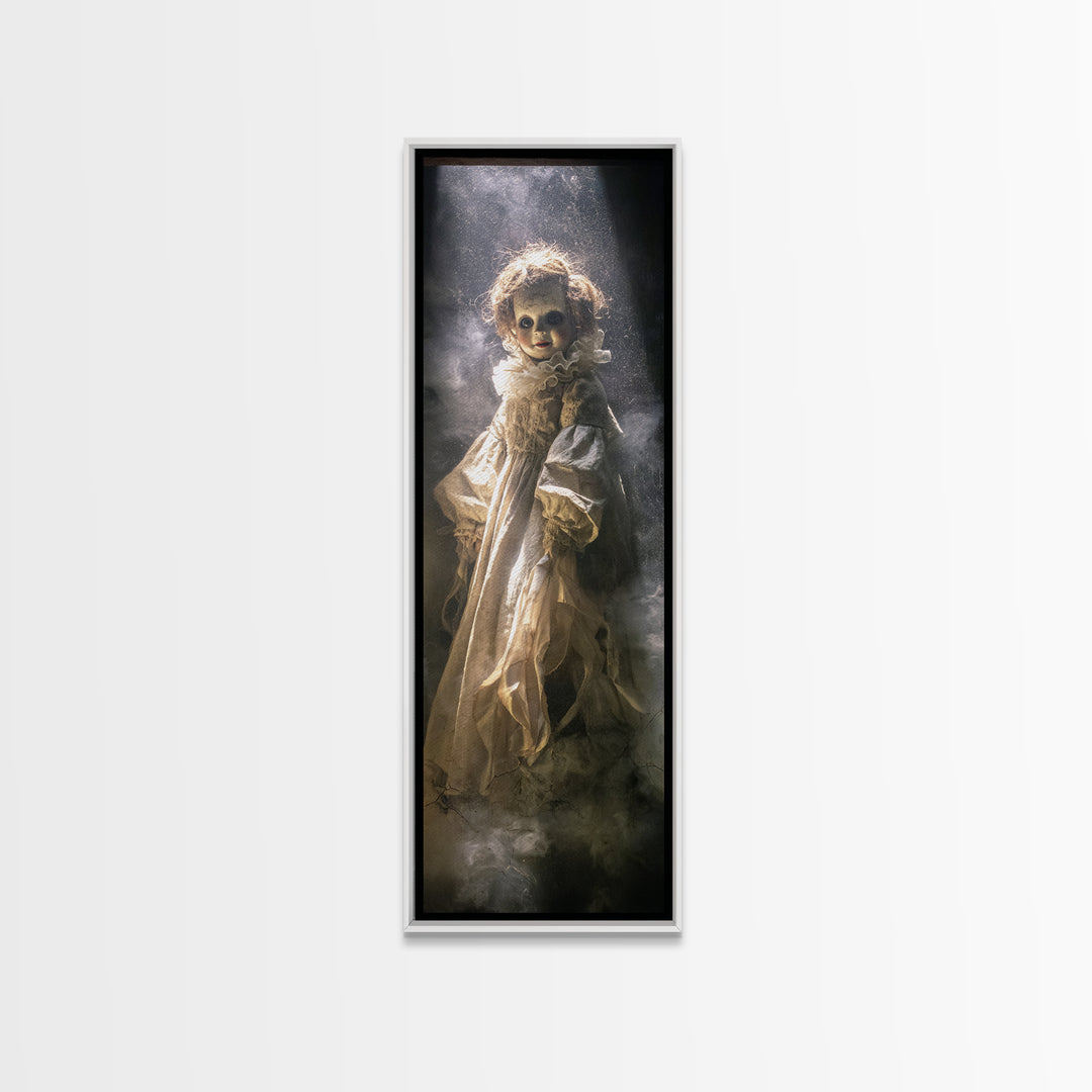 The Haunted Porcelain Doll, Gothic Engraving Art, Tall Narrow Wall Art, Dark Halloween Decor, Framed Canvas Print, Halloween Wall Art