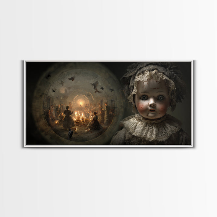 The Haunted Porcelain Doll, Northern Renaissance Horror, Wide Panoramic Art, Dark Halloween Decor, Framed Canvas Print