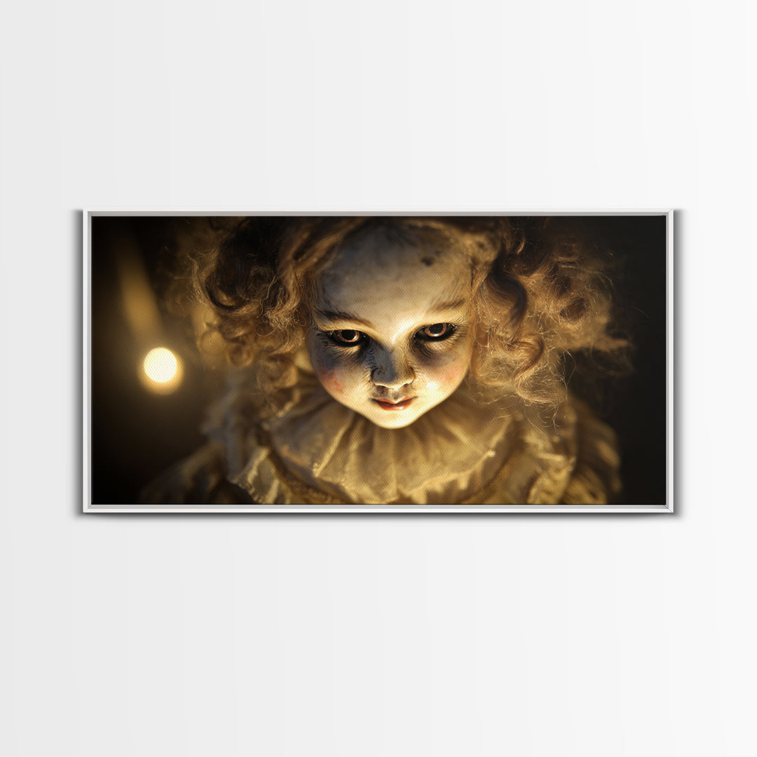 The Haunted Porcelain Doll, Visionary Gothic Art, Wide Panoramic Art, Dark Halloween Decor, Canvas Print, Halloween Wall Art