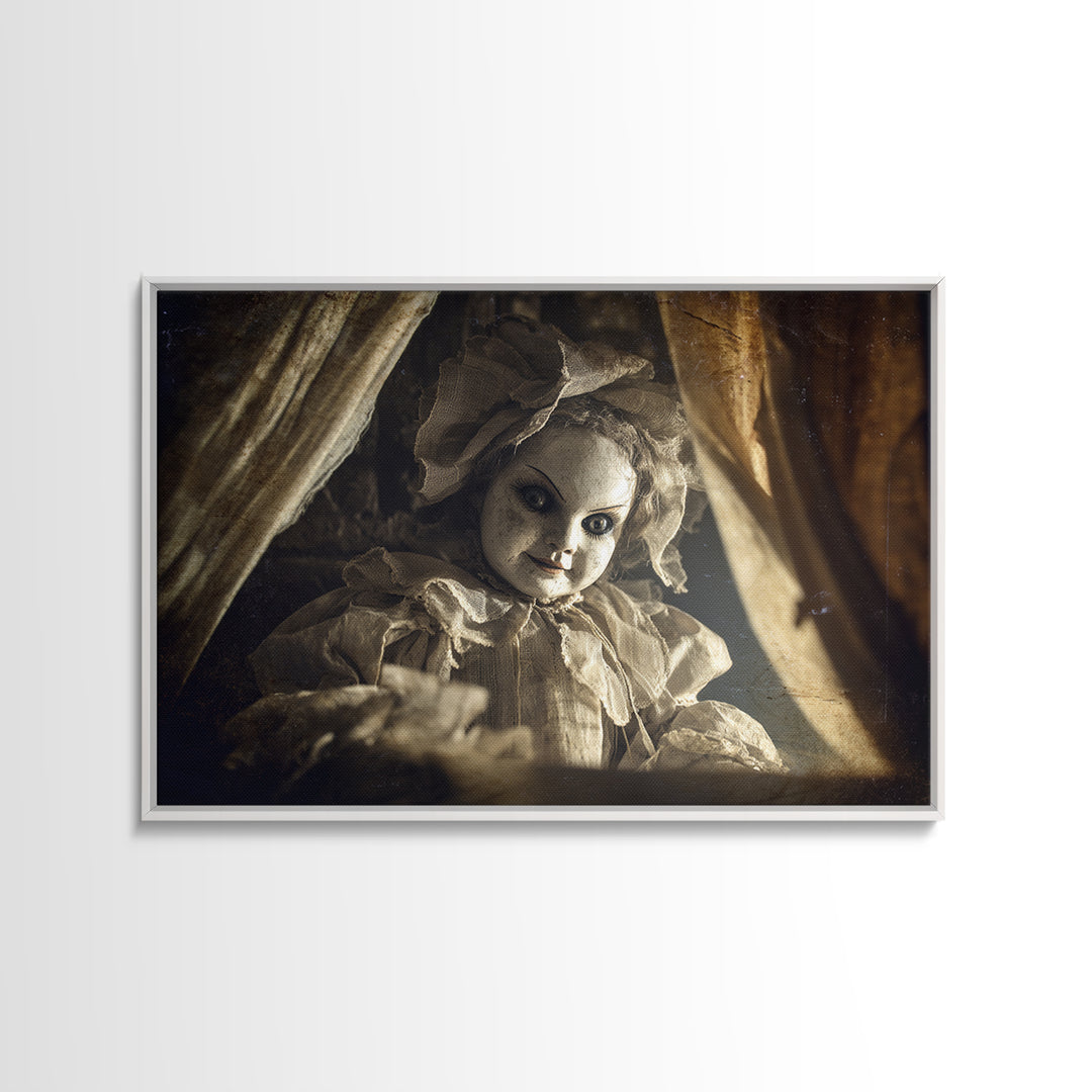 The Haunted Porcelain Doll, Architectural Etching Art, Landscape Wall Art, Dark Halloween Decor, Framed Canvas Print