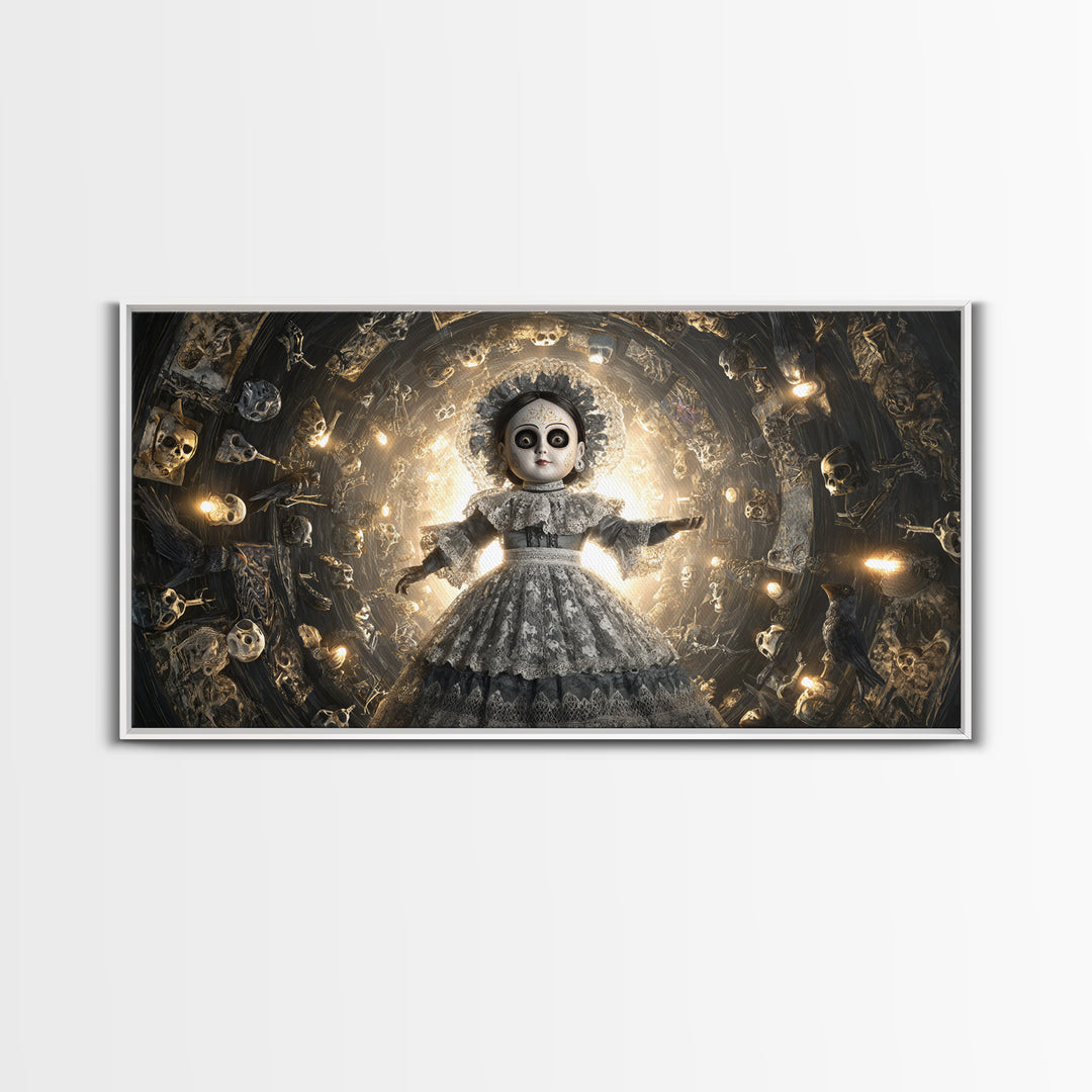 The Haunted Porcelain Doll, Macabre Folk Print Art, Wide Panoramic Art, Gothic Horror Wall Art, Framed Canvas Print