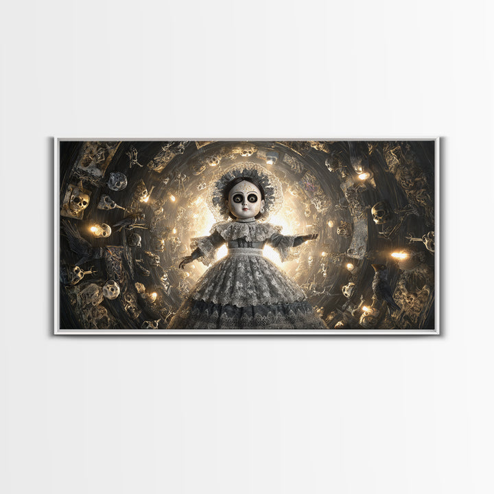 The Haunted Porcelain Doll, Macabre Folk Print Art, Wide Panoramic Art, Gothic Horror Wall Art, Framed Canvas Print