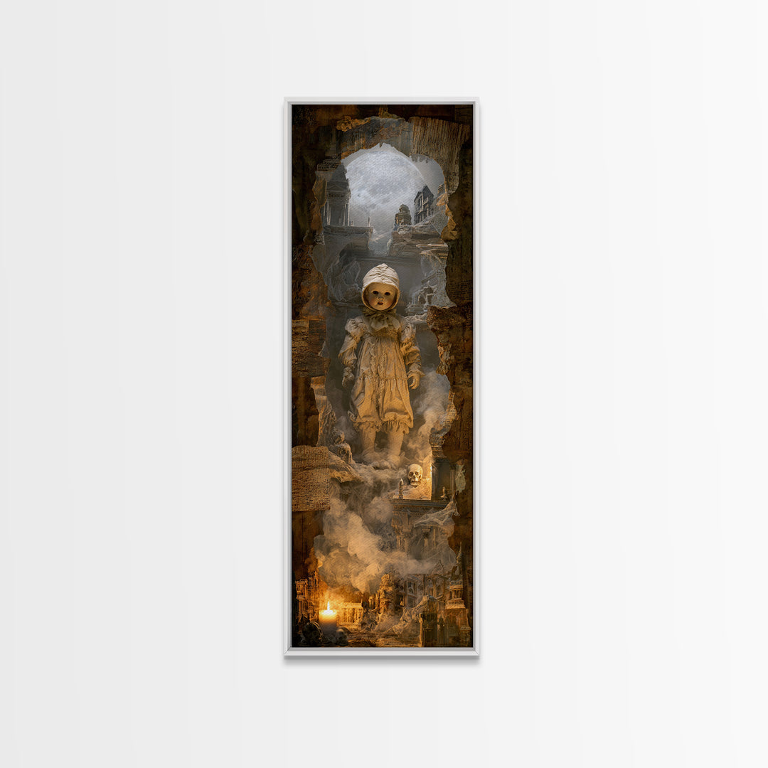 The Haunted Porcelain Doll, Surreal Apocalyptic Art, Tall Narrow Wall Art, Dark Halloween Decor, Canvas Print, Halloween Wall Art