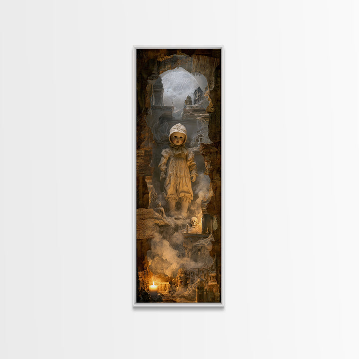 The Haunted Porcelain Doll, Surreal Apocalyptic Art, Tall Narrow Wall Art, Dark Halloween Decor, Canvas Print, Halloween Wall Art