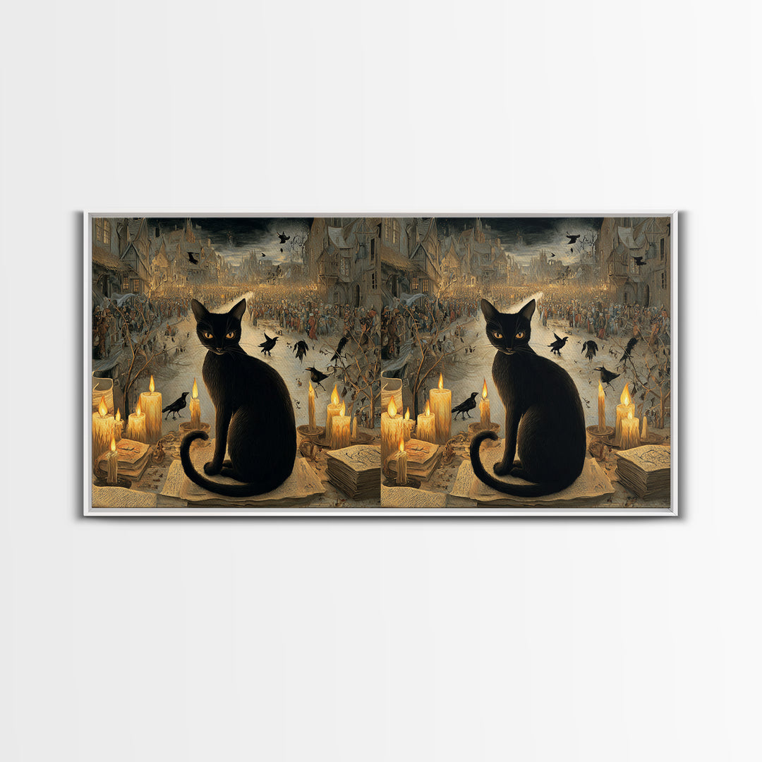The Black Cat Familiar, Northern Renaissance Horror, Wide Panoramic Art, Dark Halloween Decor, Canvas Print, Halloween Wall Art