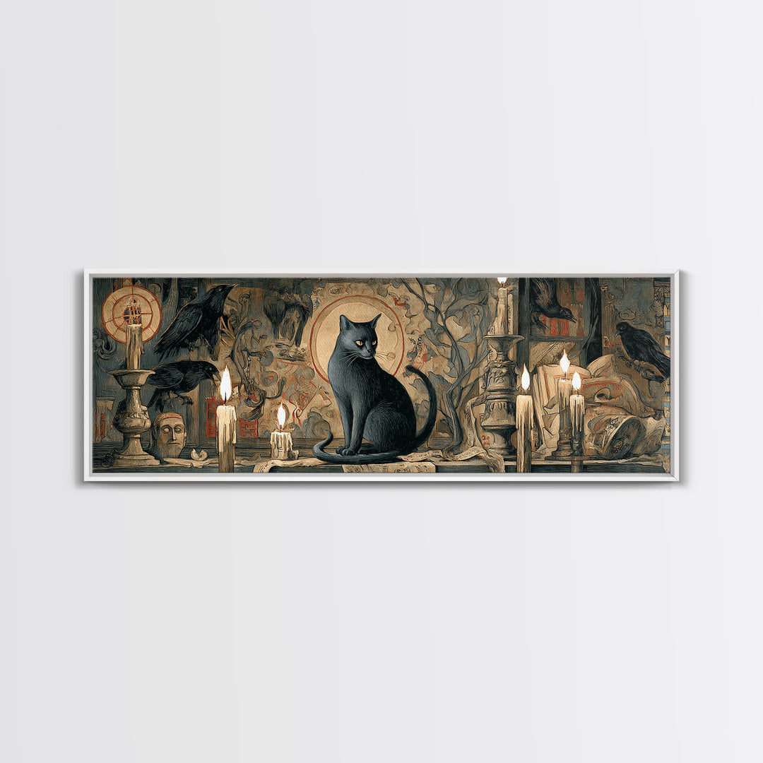 The Black Cat Familiar, Dark Renaissance Art, Extra Wide Wall Art, Dark Fantasy Wall Art, Framed Canvas Print, Halloween Wall Art
