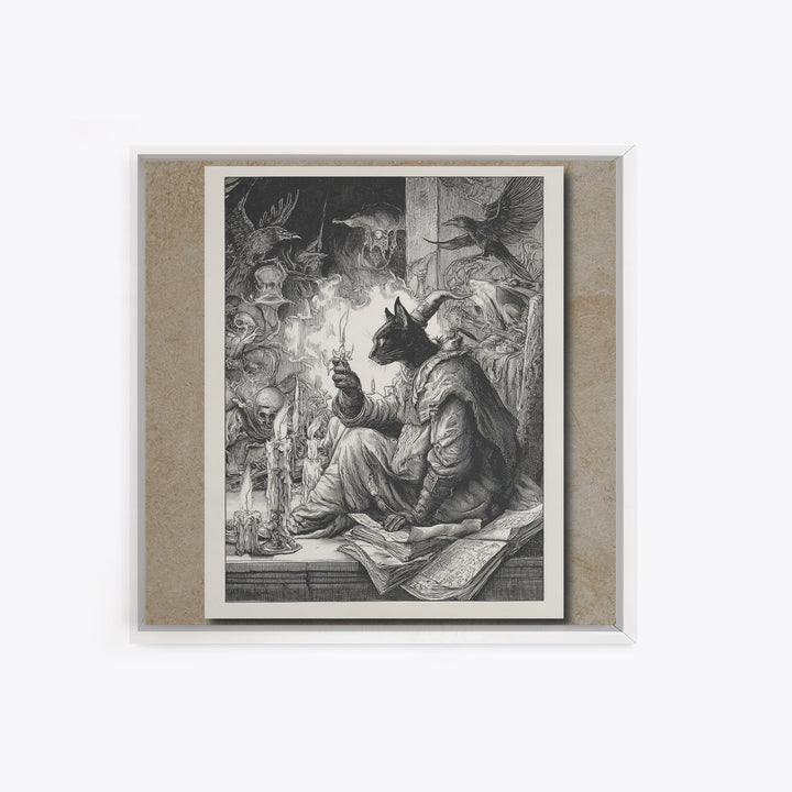 The Black Cat Familiar, Renaissance Engraving Art, Square Wall Art, Dark Fantasy Wall Art, Canvas Print, Halloween Wall Art