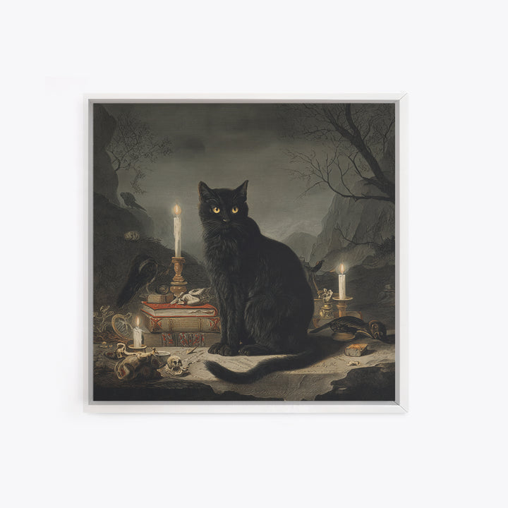 The Black Cat Familiar, Baroque Witchcraft Art, Square Wall Art, Macabre Wall Art, Framed Canvas Print, Halloween Wall Art