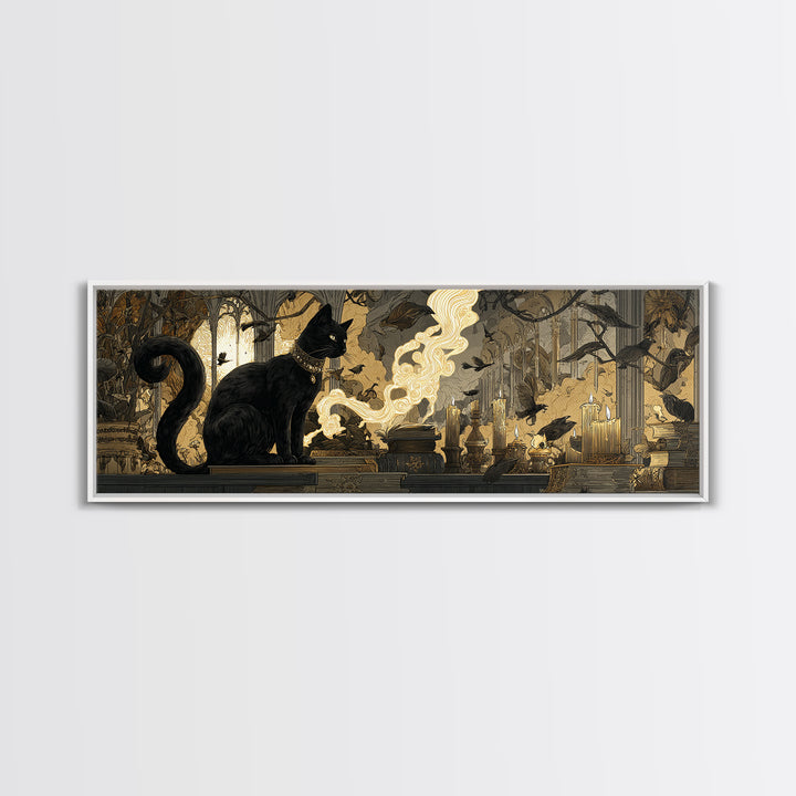 The Black Cat Familiar, Visionary Gothic Art, Extra Wide Wall Art, Macabre Wall Art, Canvas Print, Halloween Wall Art, Horror Wall Art