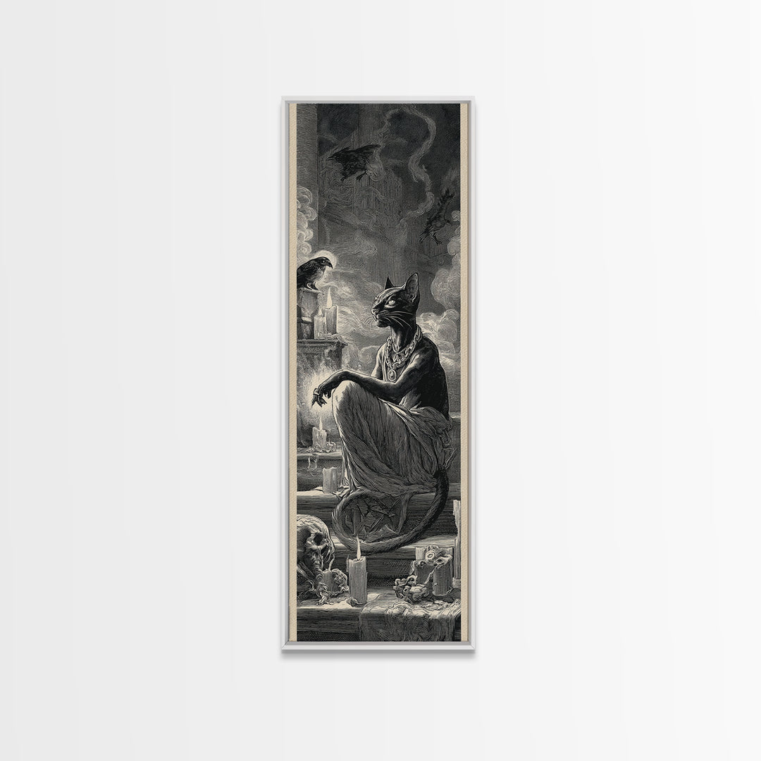 The Black Cat Familiar, Architectural Etching Art, Tall Narrow Wall Art, Gothic Horror Wall Art, Canvas Print