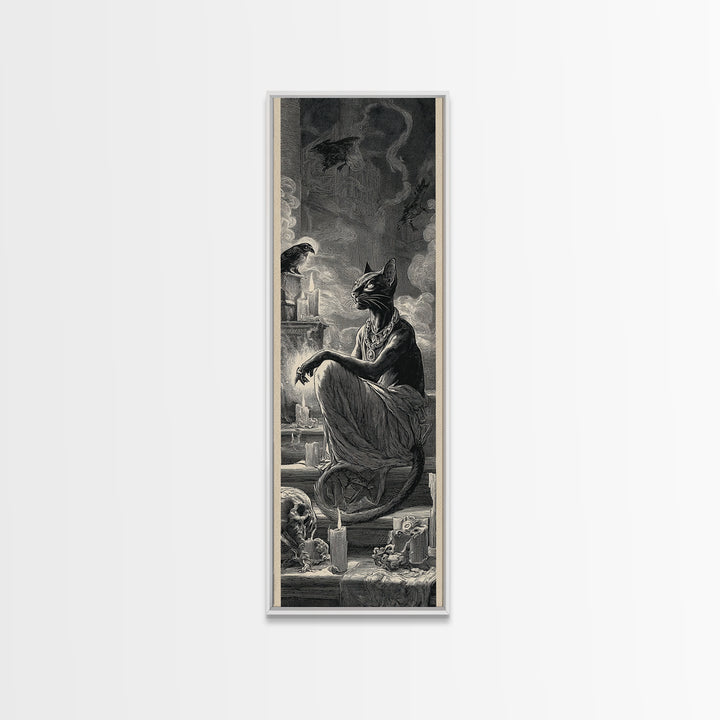 The Black Cat Familiar, Architectural Etching Art, Tall Narrow Wall Art, Gothic Horror Wall Art, Canvas Print