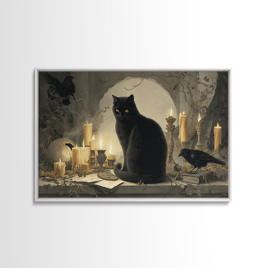 The Black Cat Familiar, Romantic Gothic Landscape, Landscape Wall Art, Dark Halloween Decor, Canvas Print, Halloween Wall Art
