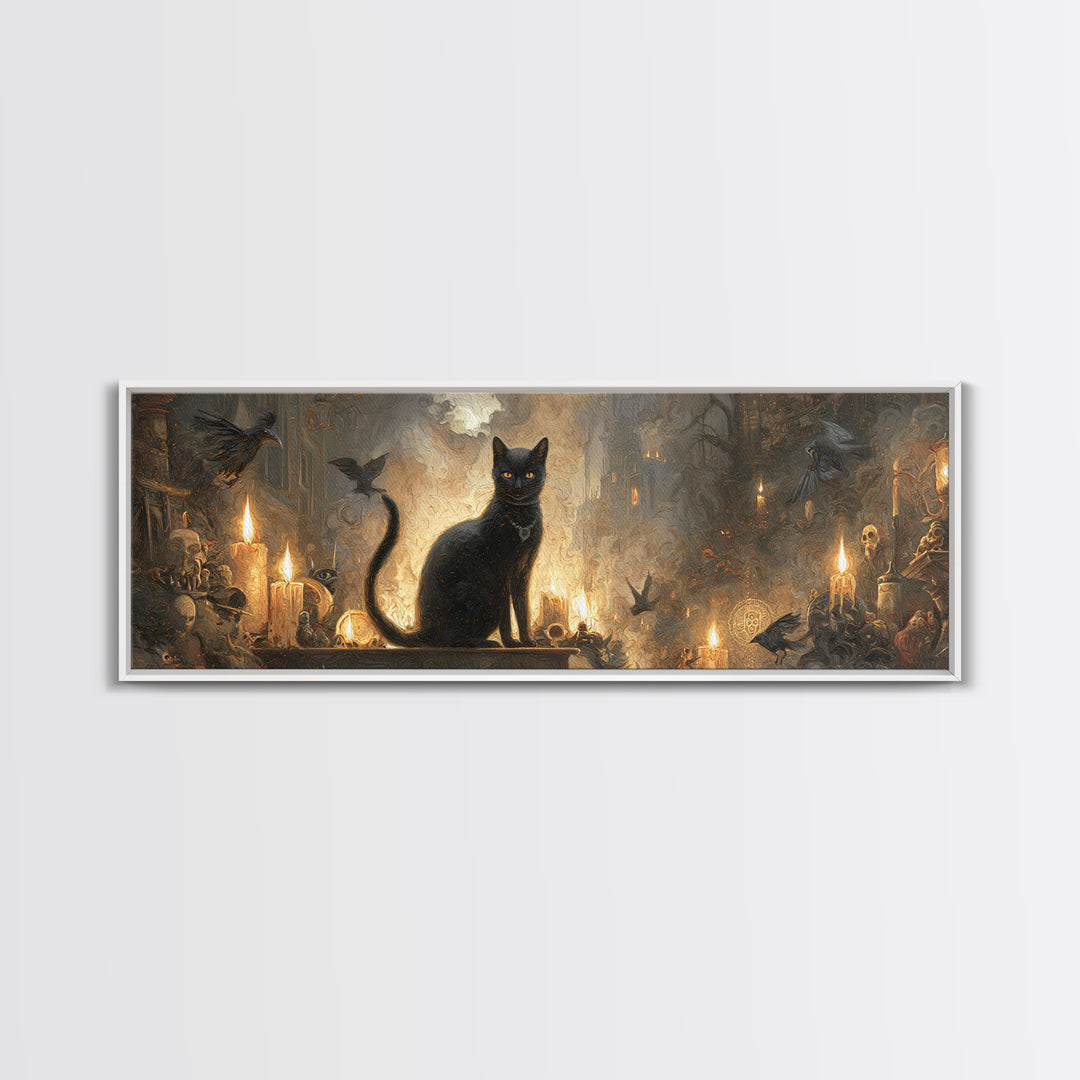 The Black Cat Familiar, Apocalyptic Romantic Art, Extra Wide Wall Art, Dark Fantasy Wall Art, Framed Canvas Print, Halloween Wall Art