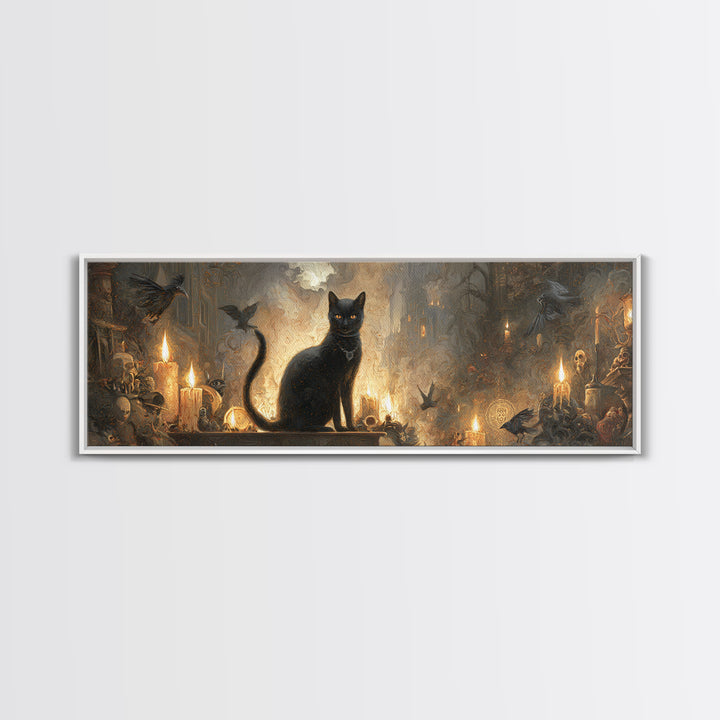The Black Cat Familiar, Apocalyptic Romantic Art, Extra Wide Wall Art, Dark Fantasy Wall Art, Framed Canvas Print, Halloween Wall Art