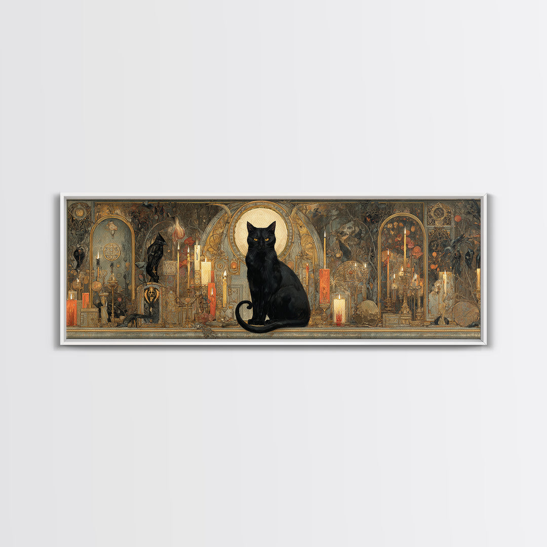 The Black Cat Familiar, Ornate Symbolist Art, Extra Wide Wall Art, Gothic Horror Wall Art, Canvas Print, Halloween Wall Art