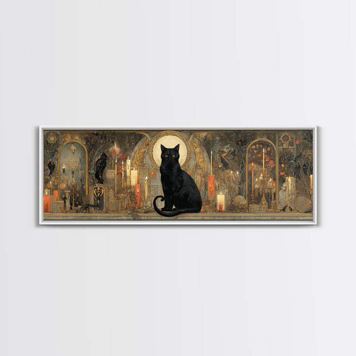 The Black Cat Familiar, Ornate Symbolist Art, Extra Wide Wall Art, Gothic Horror Wall Art, Canvas Print, Halloween Wall Art