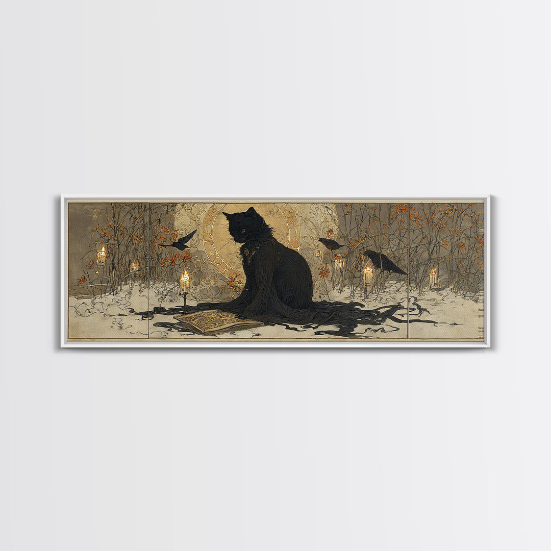The Black Cat Familiar, Symbolist Death Art, Extra Wide Wall Art, Dark Fantasy Wall Art, Framed Canvas Print, Halloween Wall Art