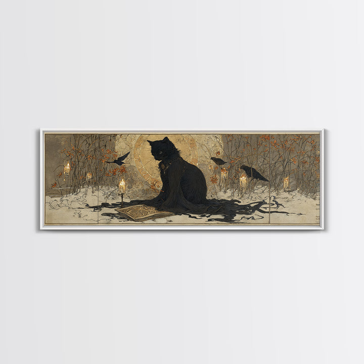 The Black Cat Familiar, Symbolist Death Art, Extra Wide Wall Art, Dark Fantasy Wall Art, Framed Canvas Print, Halloween Wall Art