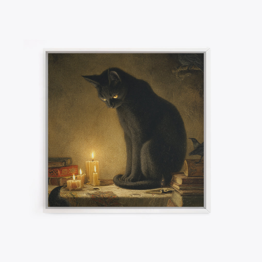 The Black Cat Familiar, Dark Symbolist Art, Square Wall Art, Dark Halloween Decor, Canvas Print, Halloween Wall Art