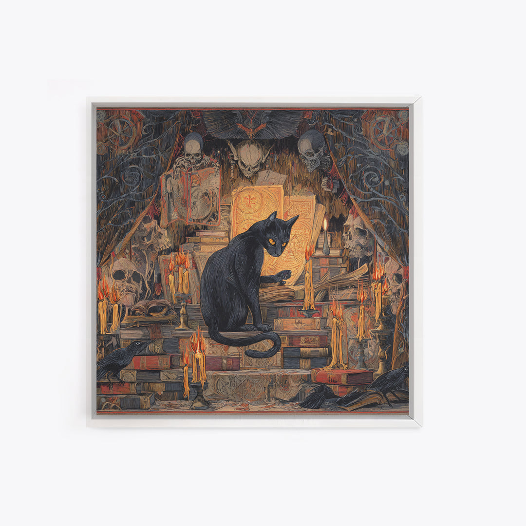 The Black Cat Familiar, Grotesque Carnival Art, Square Wall Art, Gothic Horror Wall Art, Framed Canvas Print, Halloween Wall Art