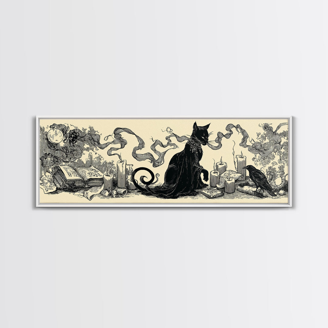 The Black Cat Familiar, Decadent Line Art, Extra Wide Wall Art, Dark Fantasy Wall Art, Framed Canvas Print, Halloween Wall Art