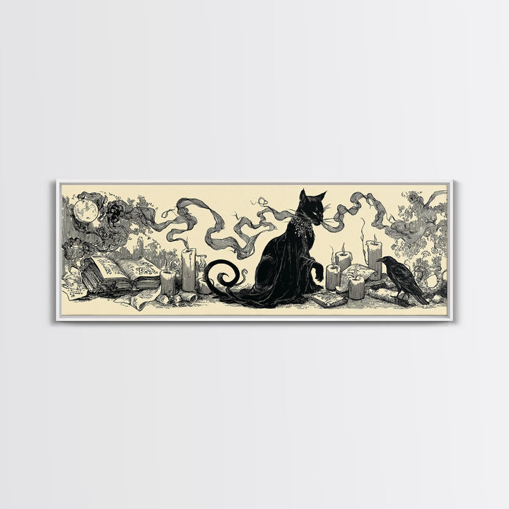 The Black Cat Familiar, Decadent Line Art, Extra Wide Wall Art, Dark Fantasy Wall Art, Framed Canvas Print, Halloween Wall Art