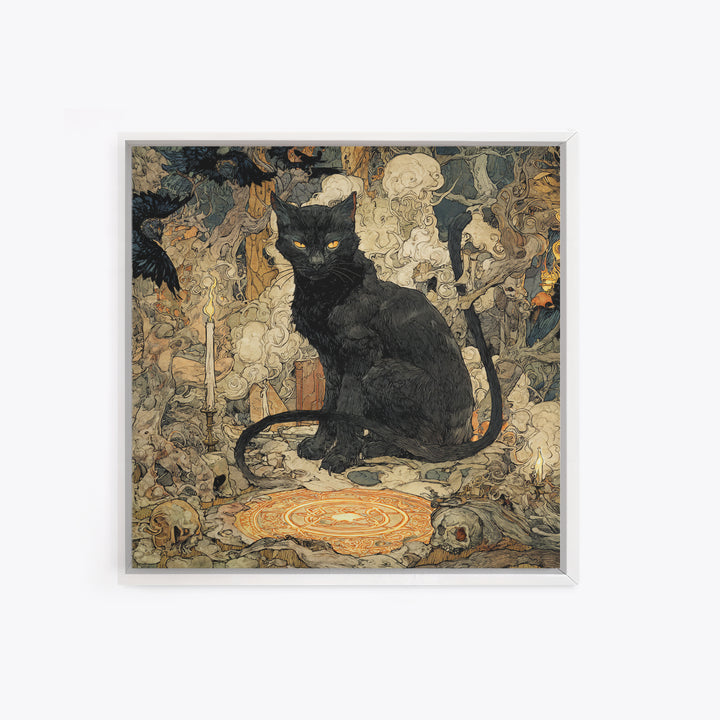 The Black Cat Familiar, Gothic Storybook Art, Square Wall Art, Macabre Wall Art, Framed Canvas Print, Halloween Wall Art