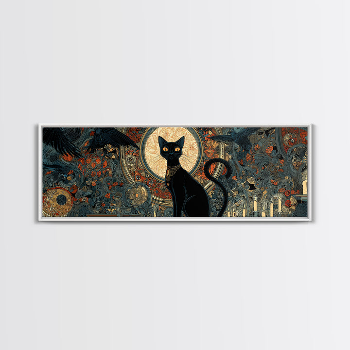The Black Cat Familiar, Stained Glass Gothic Art, Extra Wide Wall Art, Dark Fantasy Wall Art, Framed Canvas Print, Halloween Wall Art