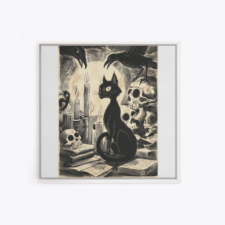 The Black Cat Familiar, Macabre Folk Print Art, Square Wall Art, Macabre Wall Art, Framed Canvas Print, Halloween Wall Art