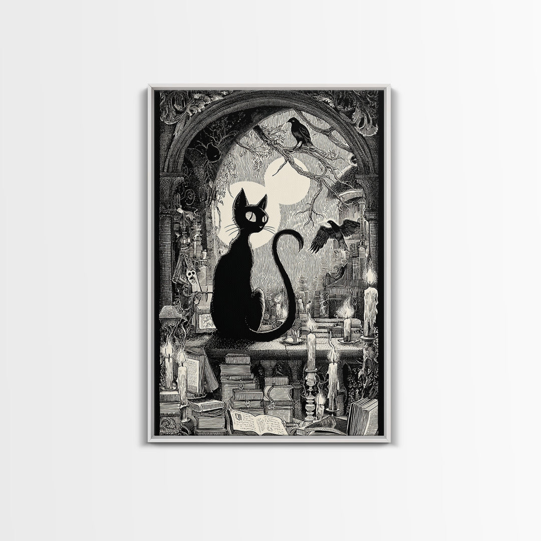 The Black Cat Familiar, Victorian Macabre Art, Vertical Wall Art, Dark Fantasy Wall Art, Framed Canvas Print, Halloween Wall Art