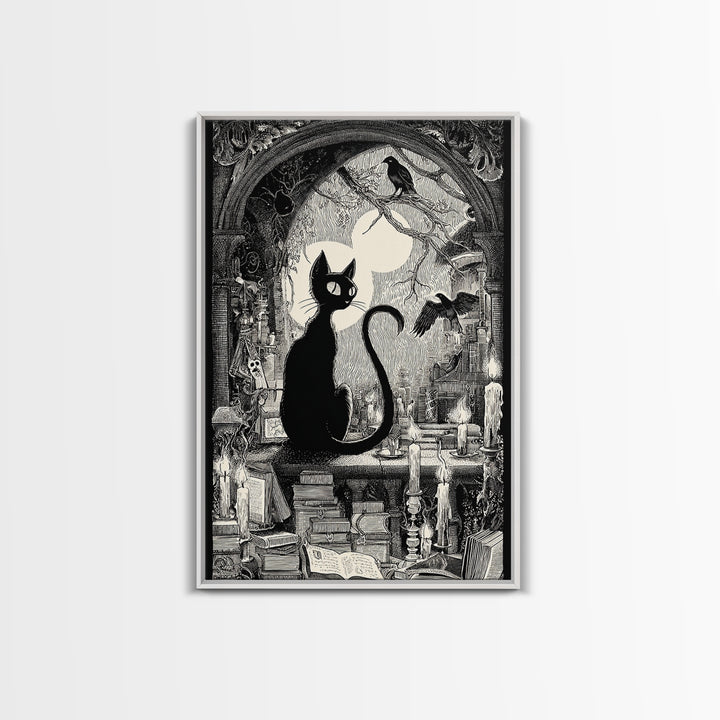 The Black Cat Familiar, Victorian Macabre Art, Vertical Wall Art, Dark Fantasy Wall Art, Framed Canvas Print, Halloween Wall Art