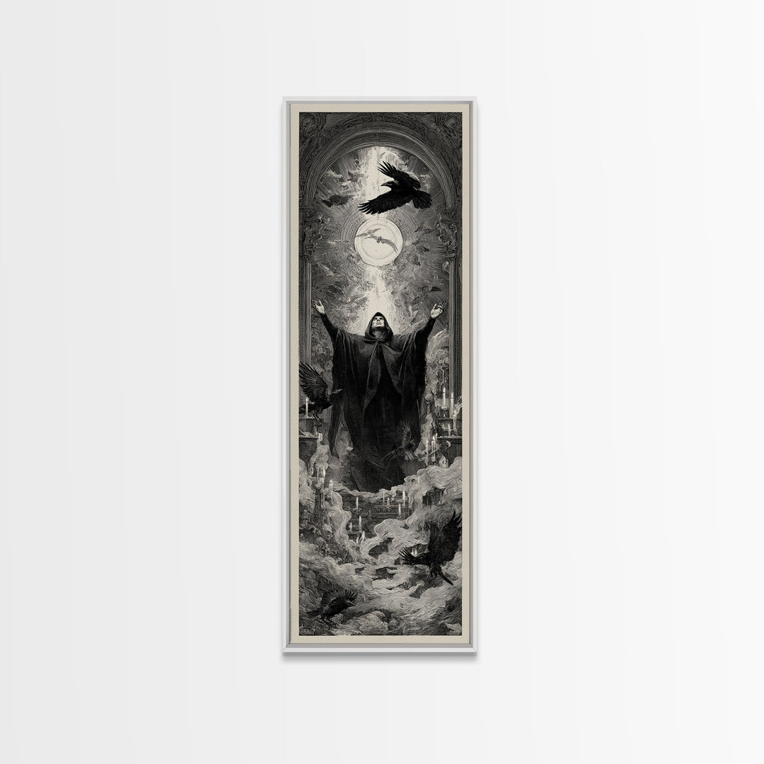 The Raven Keeper, Gothic Engraving Art, Tall Narrow Wall Art, Gothic Horror Wall Art, Canvas Print, Halloween Wall Art