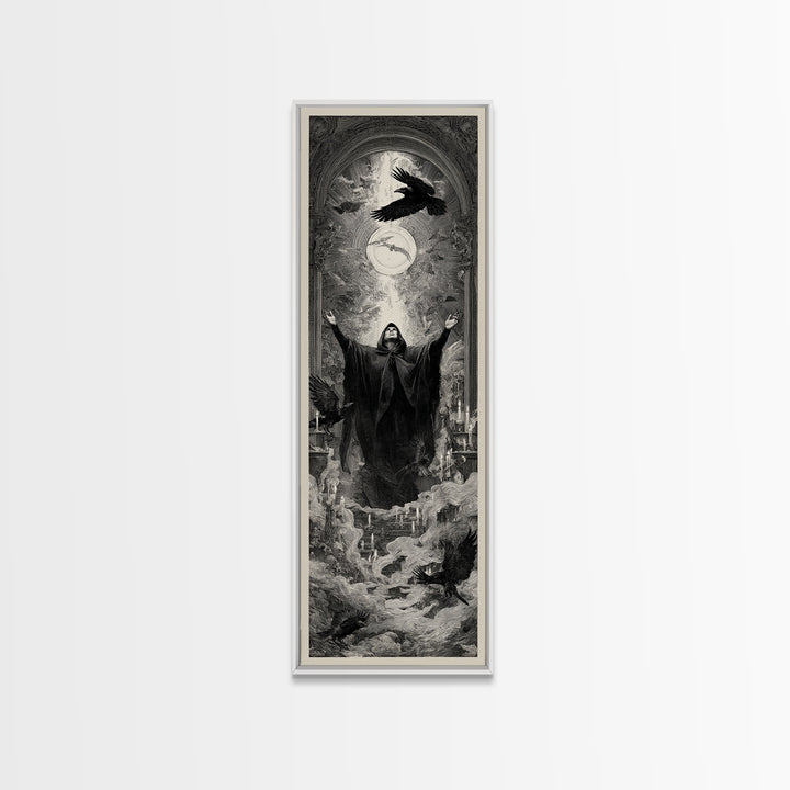 The Raven Keeper, Gothic Engraving Art, Tall Narrow Wall Art, Gothic Horror Wall Art, Canvas Print, Halloween Wall Art