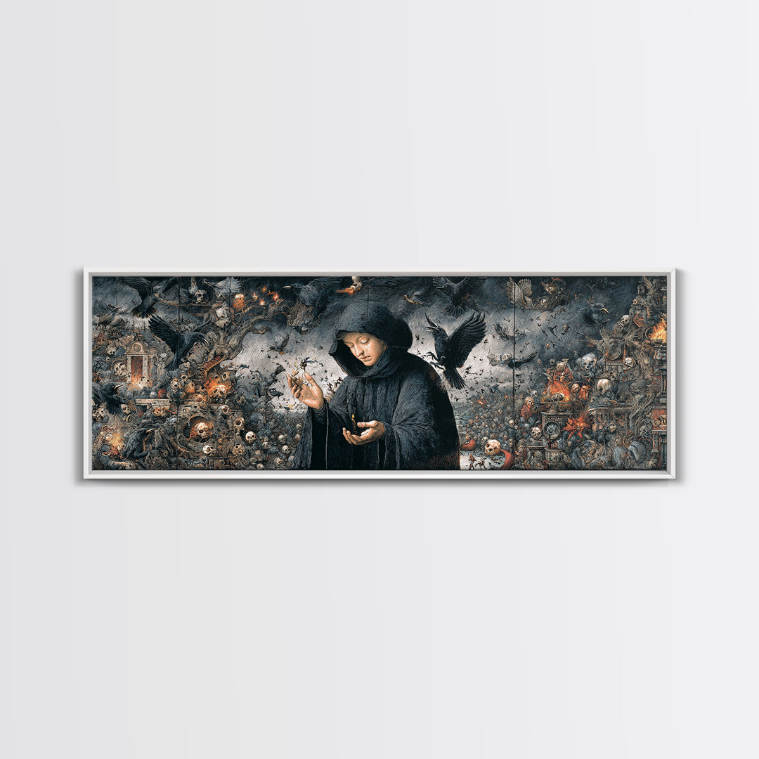 The Raven Keeper, Medieval Grotesque Art, Extra Wide Wall Art, Gothic Horror Wall Art, Framed Canvas Print, Halloween Wall Art