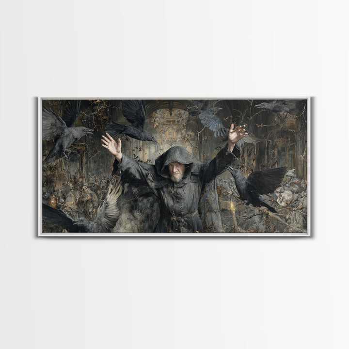 The Raven Keeper, Northern Renaissance Horror, Wide Panoramic Art, Dark Fantasy Wall Art, Canvas Print, Halloween Wall Art